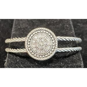 Silver Tone Double Twisted Rope Cuff Bracelet Adorned by Rhinestone Medallion 7”